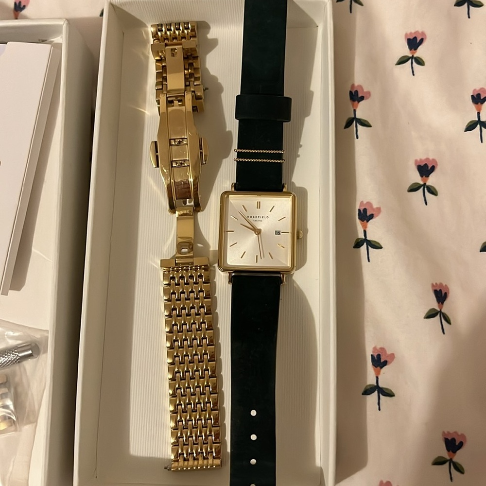 Rosefield watch w green leather strap and gold chain strap